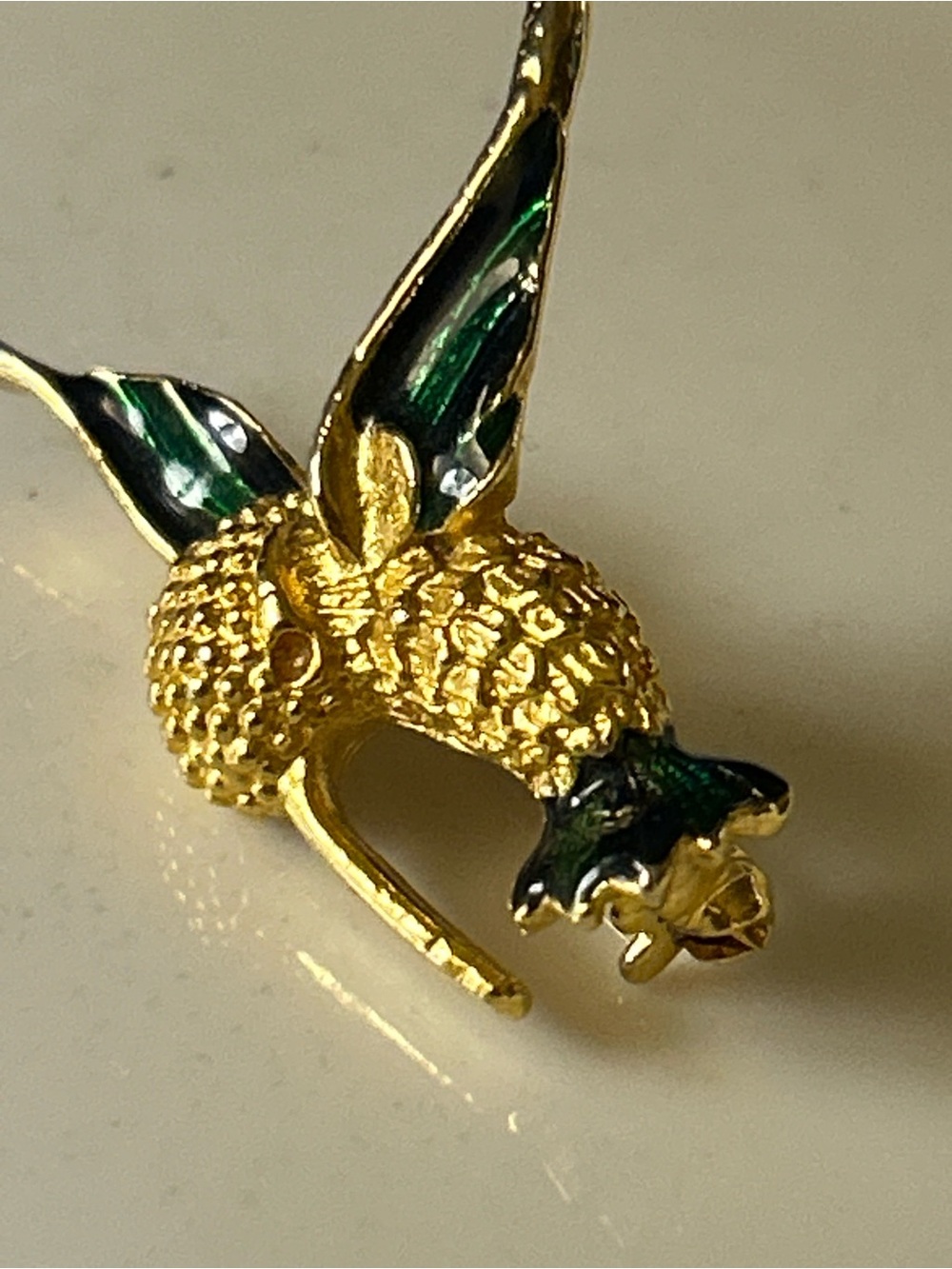 Vintage Gold Tone Green Enamel Hummingbird Brooch